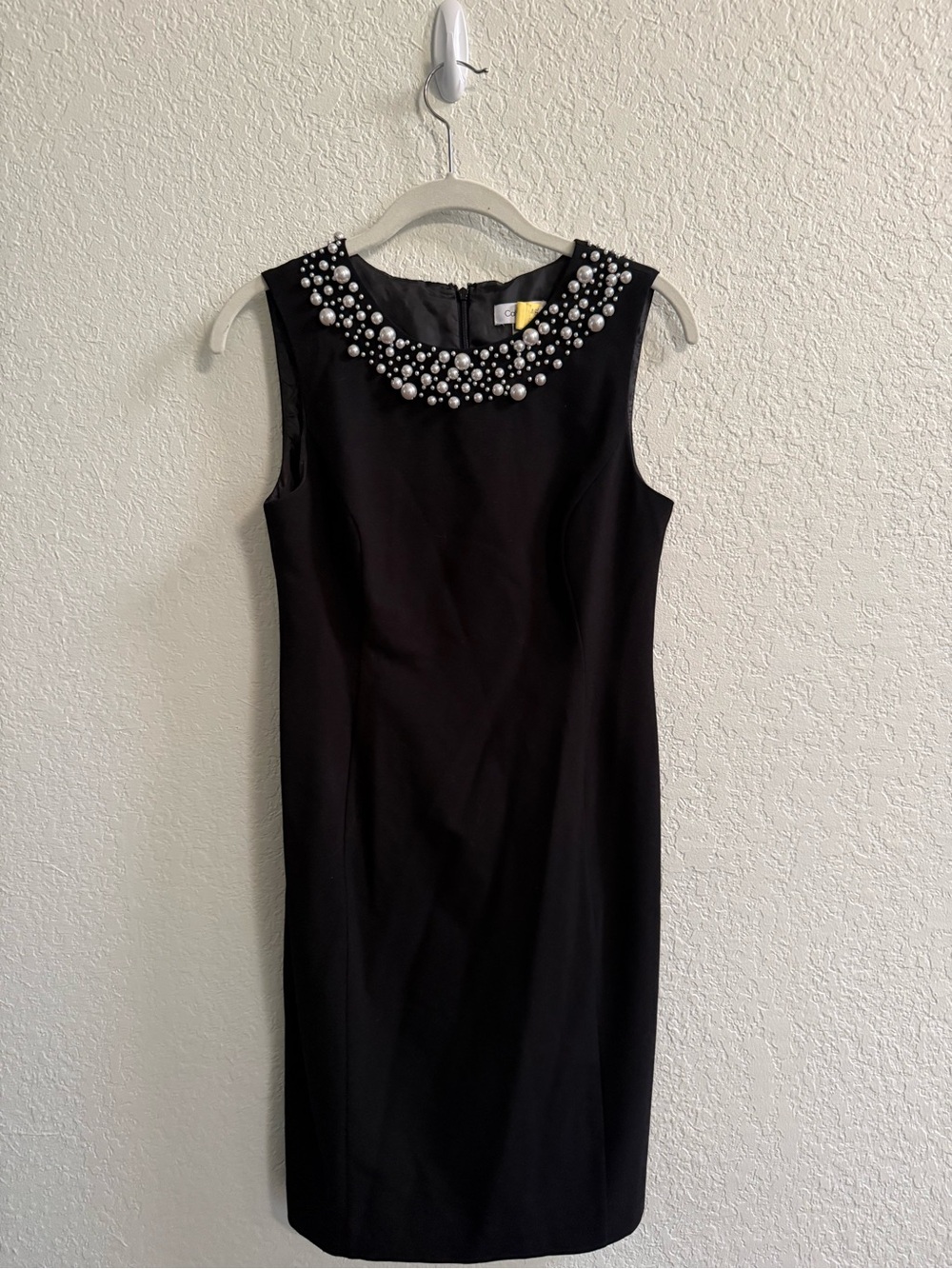 Calvin Klein Black Sheath Dress with Pearl Embellished Neckline